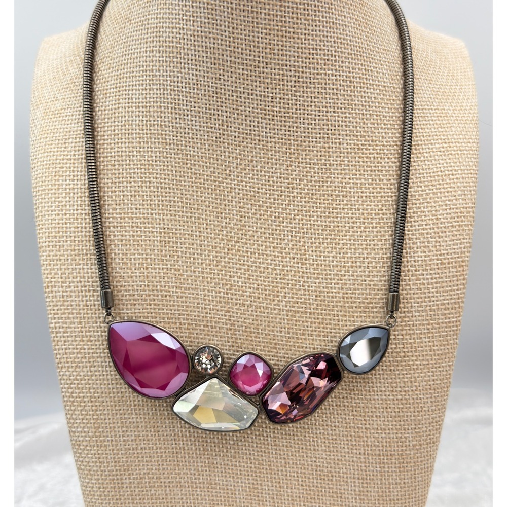 TCS Touchtone Crystal Swarovski Pink Grey Crystals Oxidized Silver Tone Necklace